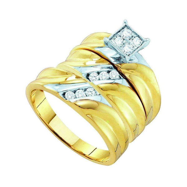 10kt Yellow Gold His & Hers Round Diamond Square Cluster Matching Bridal Wedding Ring Band Set 1/3 Cttw - FREE Shipping (US/CAN)-Gold & Diamond Trio Sets-5-JadeMoghul Inc.