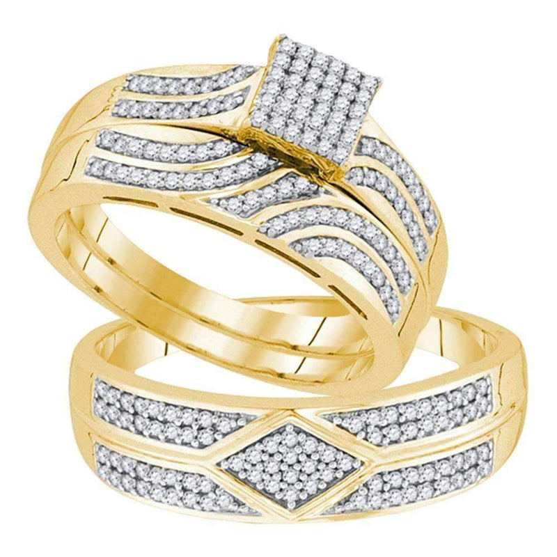 10kt Yellow Gold His & Hers Round Diamond Square Cluster Matching Bridal Wedding Ring Band Set 1/3 Cttw - FREE Shipping (US/CAN)-Wedding Jewelry-5-JadeMoghul Inc.