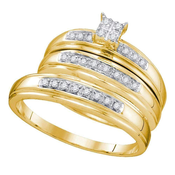 10kt Yellow Gold His & Hers Round Diamond Square Cluster Matching Bridal Wedding Ring Band Set 1/5 Cttw - FREE Shipping (US/CAN)-Gold & Diamond Trio Sets-5-JadeMoghul Inc.