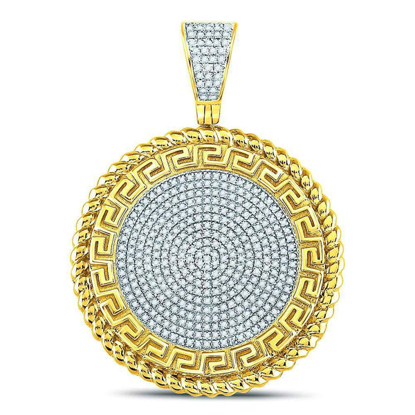 10kt Yellow Gold Mens Diamond Greek Key Circle Charm Pendant 5/8 Cttw-Gold & Diamond Men Charms & Pendants-JadeMoghul Inc.