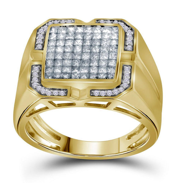 10kt Yellow Gold Mens Princess Diamond Cluster Ring 1.00 Cttw-Gold & Diamond Men Rings-JadeMoghul Inc.