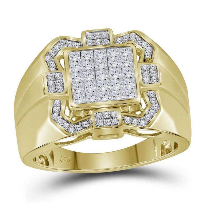 10kt Yellow Gold Mens Princess Diamond Octagon Frame Cluster Ring 7/8 Cttw - FREE Shipping (US/CAN)-Gold & Diamond Rings-8-JadeMoghul Inc.