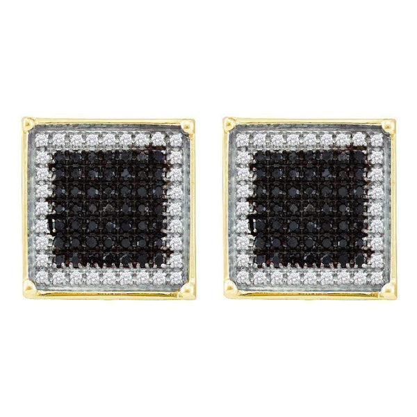 10kt Yellow Gold Mens Round Black Color Enhanced Diamond Square Frame Cluster Earrings 7-8 Cttw - FREE Shipping (USA/CAN)-Gold & Diamond Men Earrings-JadeMoghul Inc.