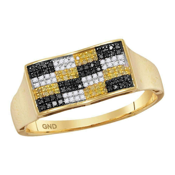10kt Yellow Gold Men's Round Black Yellow Color Enhanced Diamond Checkered Cluster Ring 1/4 Cttw - FREE Shipping (US/CAN)-Gold & Diamond Rings-8-JadeMoghul Inc.