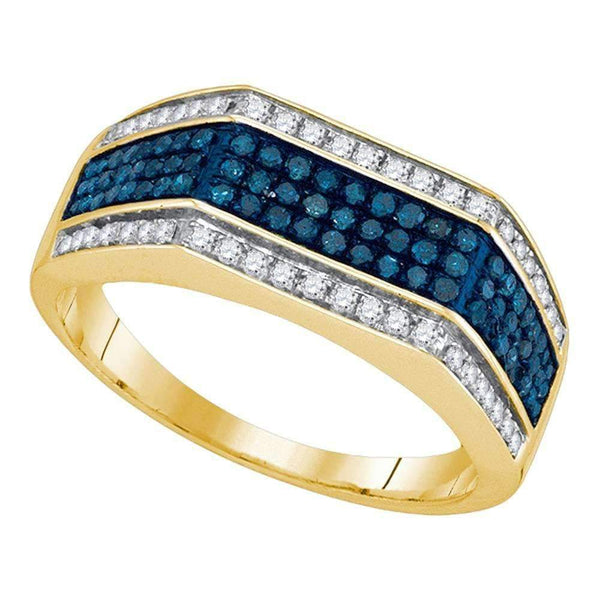 10kt Yellow Gold Men's Round Blue Color Enhanced Diamond Triple Stripe Flat Surface Band 3/4 Cttw - FREE Shipping (US/CAN)-Men's Rings-8-JadeMoghul Inc.