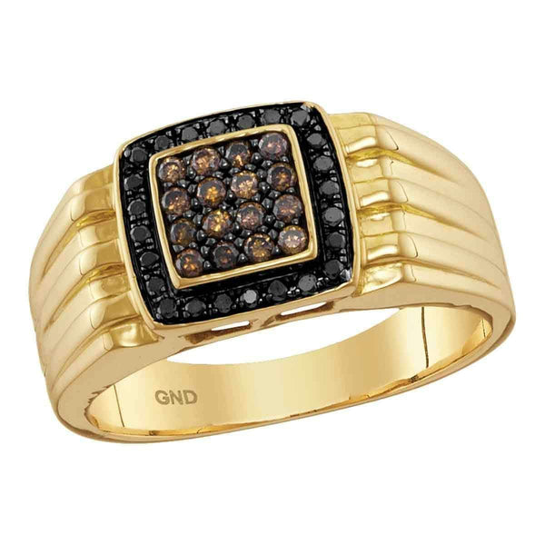10kt Yellow Gold Men's Round Cognac-brown Black Color Enhanced Diamond Square Cluster Band Ring 3/8 Cttw - FREE Shipping (US/CAN)-Gold & Diamond Men Rings-5-JadeMoghul Inc.