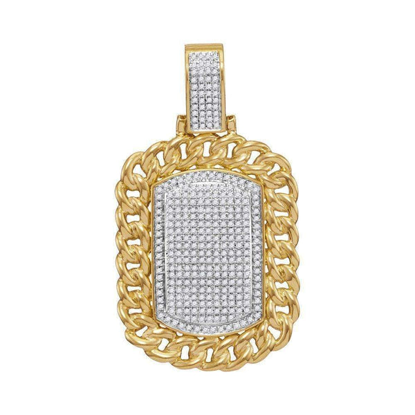 10kt Yellow Gold Men's Round Diamond Cuban Link Frame Outline Dog Tag Cluster Charm Pendant 7-8 Cttw - FREE Shipping (USA/CAN)-Gold & Diamond Men Charms & Pendants-JadeMoghul Inc.