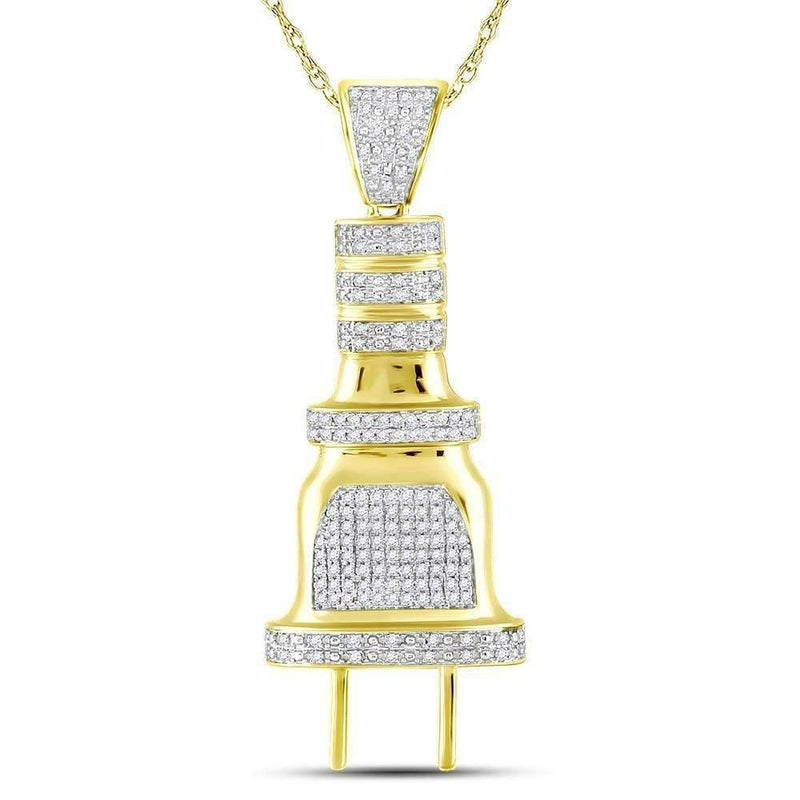 10kt Yellow Gold Mens Round Diamond Electric Plug Socket Charm Pendant 1-2 Cttw-Gold & Diamond Men Charms & Pendants-JadeMoghul Inc.