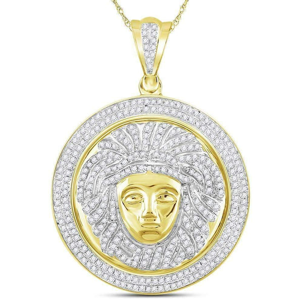 10kt Yellow Gold Men's Round Diamond Gorgon Medusa Circle Medallion Charm Pendant 1.00 Cttw - FREE Shipping (USA/CAN)-Gold & Diamond Men Charms & Pendants-JadeMoghul Inc.