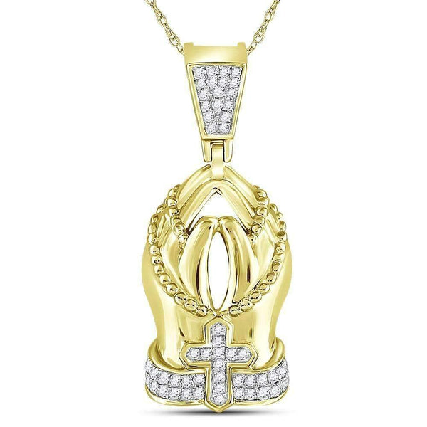 10kt Yellow Gold Men's Round Diamond Praying Hands Rosary Charm Pendant 1-4 Cttw - FREE Shipping (US/CAN)-Gold & Diamond Men Charms & Pendants-JadeMoghul Inc.