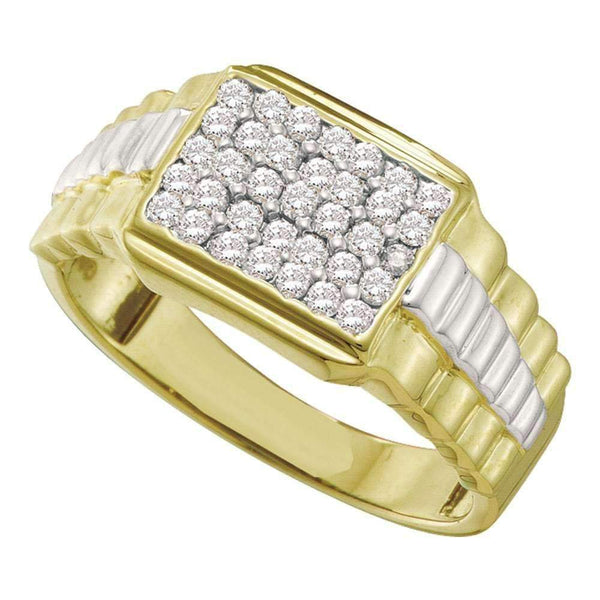 10kt Yellow Gold Men's Round Diamond Rectangle Cluster Ribbed Two-tone Ring 1/2 Cttw - FREE Shipping (US/CAN)-Men's Rings-8-JadeMoghul Inc.