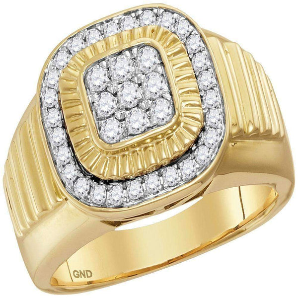 10kt Yellow Gold Men's Round Diamond Square Frame Cluster Ribbed Ring 3/4 Cttw - FREE Shipping (US/CAN)-Gold & Diamond Men Rings-8-JadeMoghul Inc.