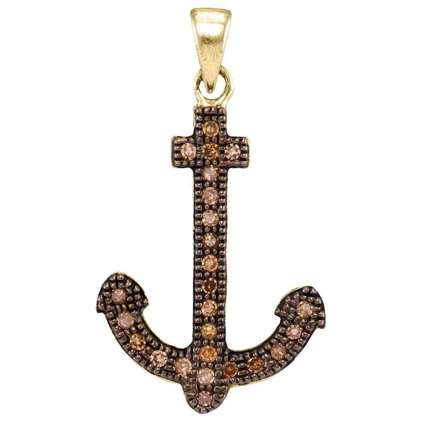 10kt Yellow Gold Round Cognac-brown Color Enhanced Diamond Anchor Nautical Pendant 1-5 Cttw-Gold & Diamond Pendants & Necklaces-JadeMoghul Inc.