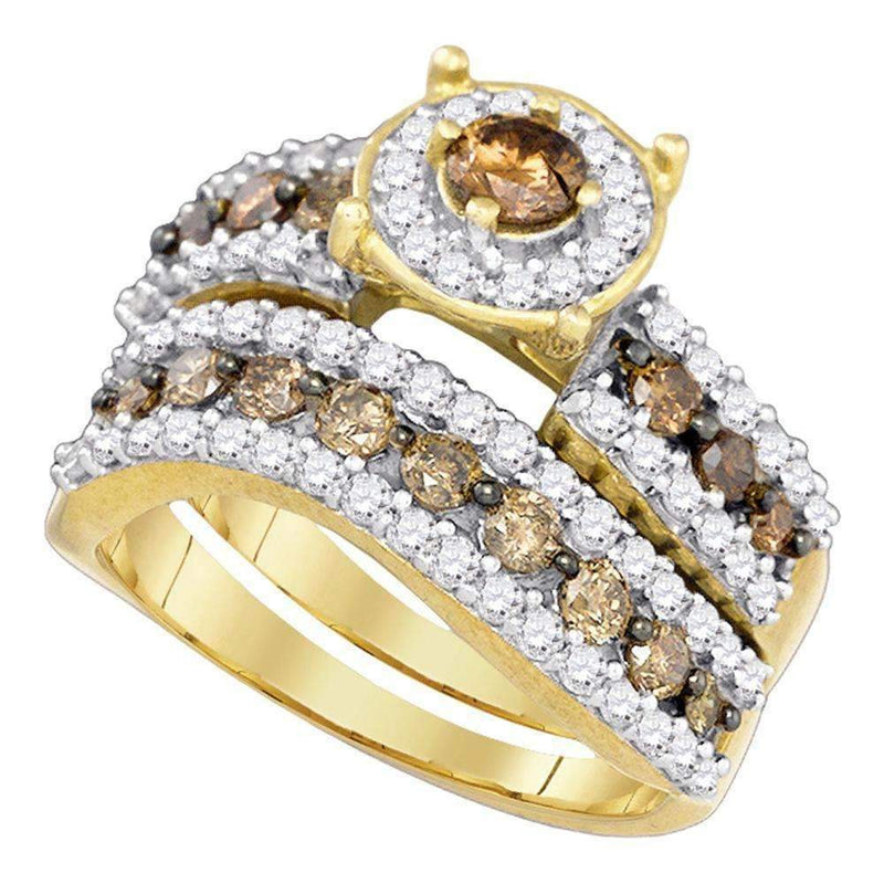 10kt Yellow Gold Round Cognac-brown Color Enhanced Diamond Bridal Wedding Engagement Ring Band Set 1-3/4 Cttw - FREE Shipping (US/CAN)-Gold & Diamond Wedding Ring Sets-5-JadeMoghul Inc.