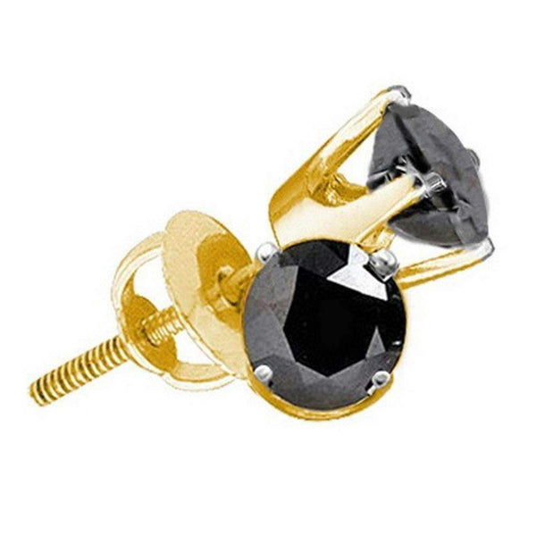 10kt Yellow Gold Unisex Round Black Color Enhanced Diamond Solitaire Earrings 3.00 Cttw - FREE Shipping (US/CAN)-Gold & Diamond Earrings-JadeMoghul Inc.
