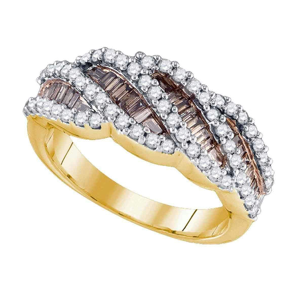 10kt Yellow Gold Womens Baguette Brown Color Enhanced Diamond Striped Band Ring 1.00 Cttw-Gold & Diamond Bands-JadeMoghul Inc.