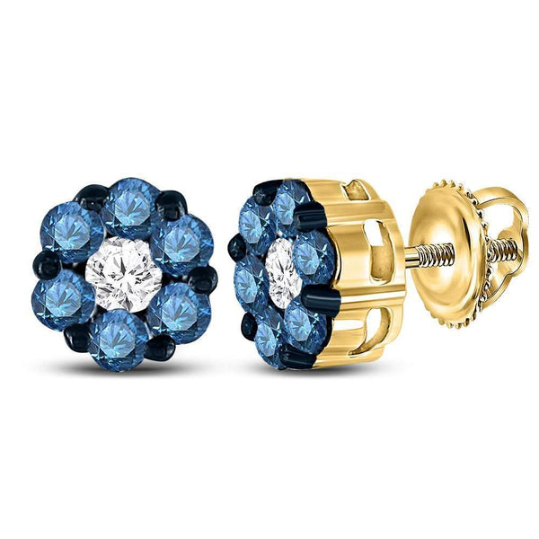 10kt Yellow Gold Women's Blue Color Enhanced Diamond Cluster Earrings 1.00 Cttw-Gold & Diamond Earrings-JadeMoghul Inc.