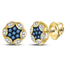 10kt Yellow Gold Women's Blue Color Enhanced Diamond Cluster Stud Earrings 1/4 Cttw-Gold & Diamond Earrings-JadeMoghul Inc.