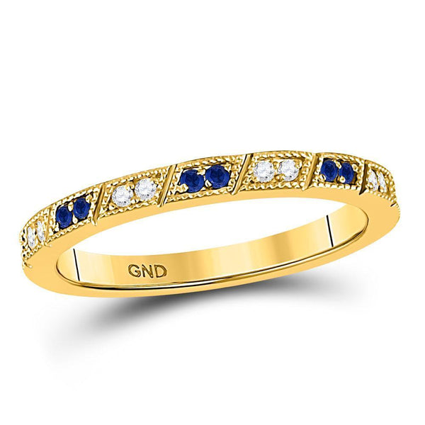 10kt Yellow Gold Women's Blue Sapphire Diamond Milgrain Stackable Band Ring 1/4 Cttw-Gold & Diamond Rings-JadeMoghul Inc.