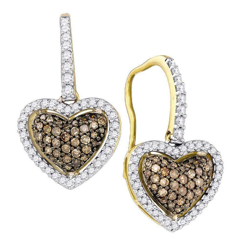 10kt Yellow Gold Womens Cognac-brown Color Enhanced Diamond Heart Dangle Earrings 5-8 Cttw - FREE Shipping (US/CAN)-Gold & Diamond Earrings-JadeMoghul Inc.