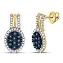 10kt Yellow Gold Women's Color Enhanced Blue Diamond Oval Cluster Earrings 3/4 Cttw-Gold & Diamond Earrings-JadeMoghul Inc.