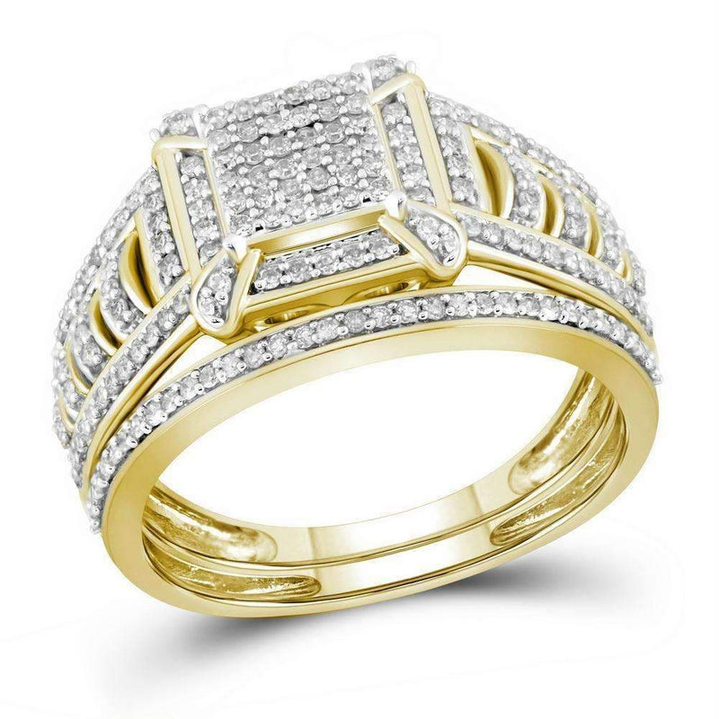 10kt Yellow Gold Womens Diamond Square Cluster Bridal Wedding Engagement Ring Band Set 1-2 Cttw-Gold & Diamond Wedding Ring Sets-JadeMoghul Inc.