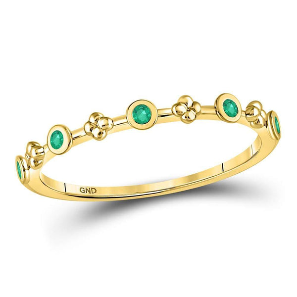 10kt Yellow Gold Women's Emerald Dot Flower Stackable Band Ring 1/12 Cttw-Gold & Diamond Rings-JadeMoghul Inc.