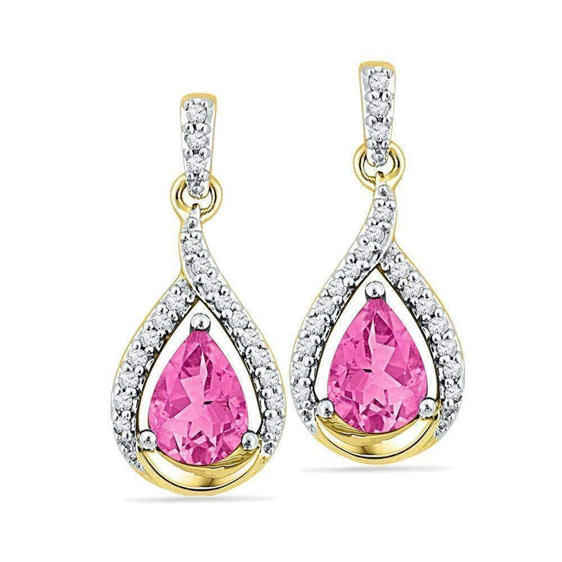 10kt Yellow Gold Women's Lab-Created Pink Sapphire Dangle Earrings 3-1-5 Cttw - FREE Shipping (USA/CAN)-Gold & Diamond Earrings-JadeMoghul Inc.