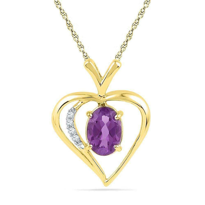 10kt Yellow Gold Womens Oval Lab-Created Amethyst Heart Pendant 3-4 Cttw-Gold & Diamond Pendants & Necklaces-JadeMoghul Inc.