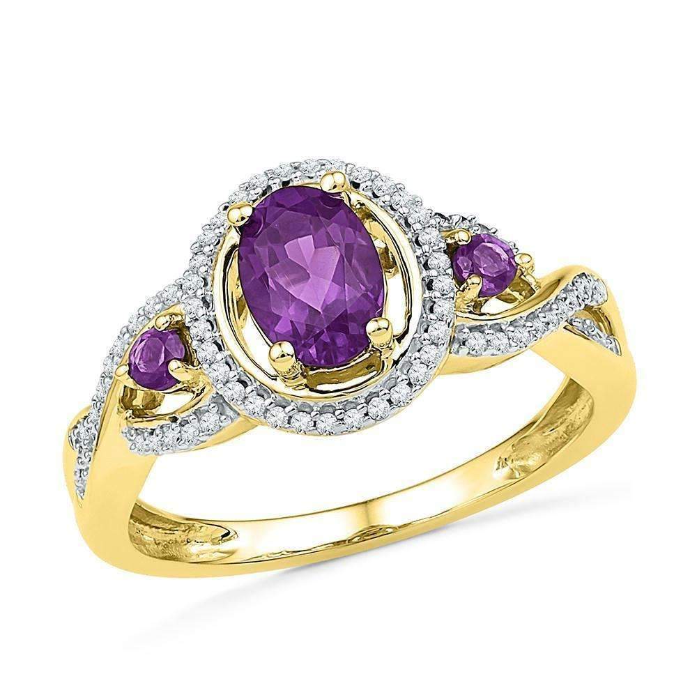 10kt Yellow Gold Women's Oval Lab-Created Amethyst Solitaire Diamond R