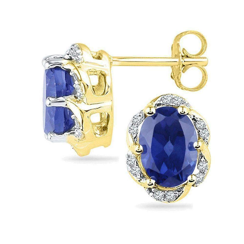 10kt Yellow Gold Women's Oval Lab-Created Blue Sapphire Solitaire Diamond Earrings 2-1-2 Cttw - FREE Shipping (US/CAN)-Gold & Diamond Earrings-JadeMoghul Inc.