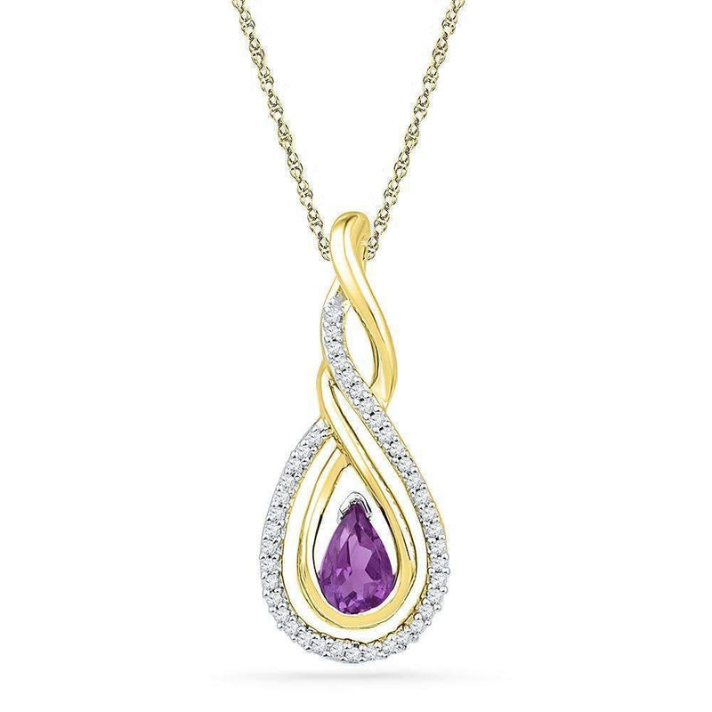 10kt Yellow Gold Womens Pear Lab-Created Amethyst Diamond Teardrop Pendant 1-2 Cttw-Gold & Diamond Pendants & Necklaces-JadeMoghul Inc.