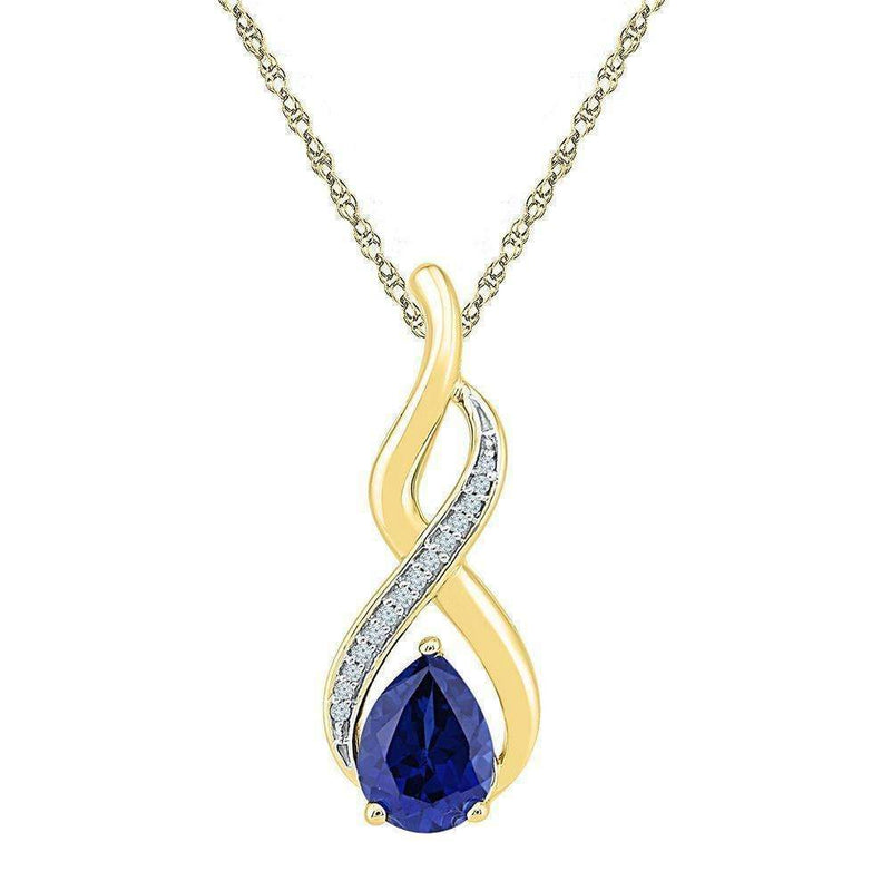 10kt Yellow Gold Women's Pear Lab-Created Blue Sapphire Solitaire Diamond Pendant 1-4-5 Cttw - FREE Shipping (US/CAN)-Gold & Diamond Pendants & Necklaces-JadeMoghul Inc.