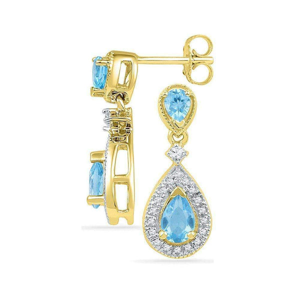 10kt Yellow Gold Women's Pear Lab-Created Blue Topaz Dangle Diamond Earrings 1-1-2 Cttw - FREE Shipping (US/CAN)-Gold & Diamond Earrings-JadeMoghul Inc.