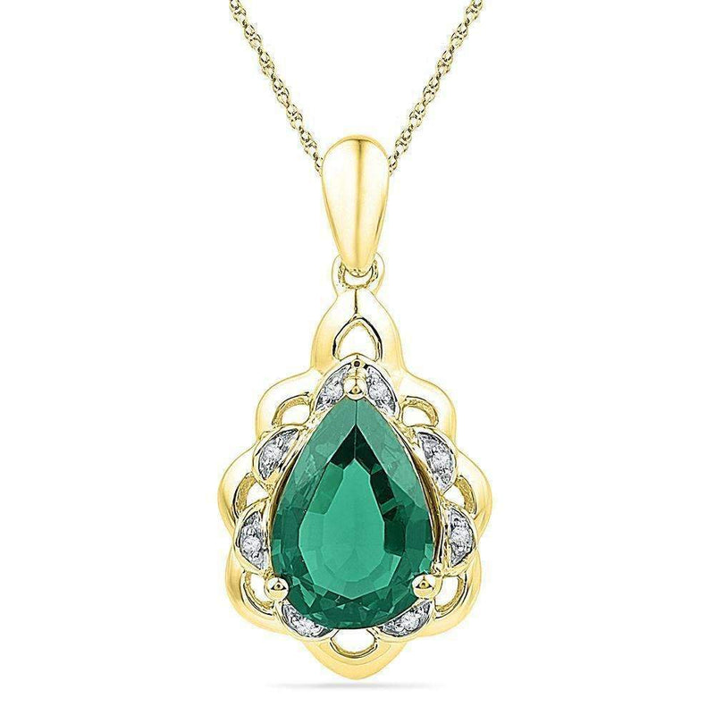 10kt Yellow Gold Women's Pear Lab-Created Emerald Solitaire Diamond Pendant 3-3-8 Cttw - FREE Shipping (US/CAN)-Gold & Diamond Pendants & Necklaces-JadeMoghul Inc.