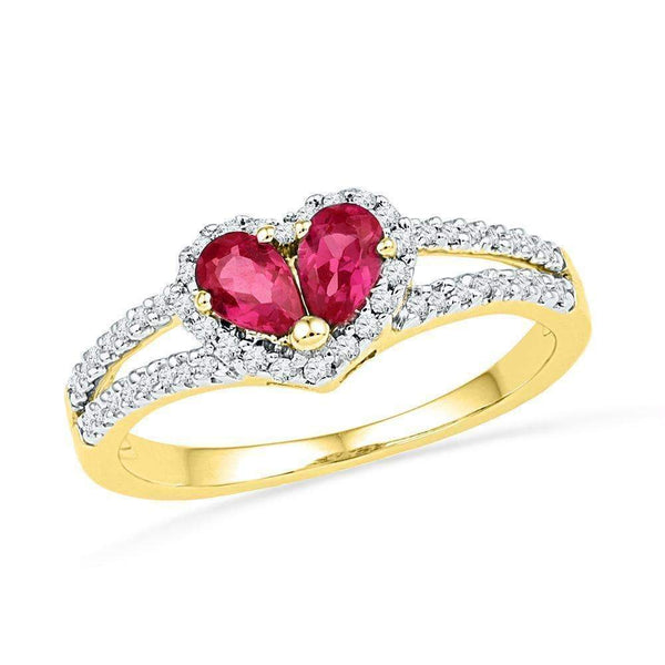 10kt Yellow Gold Women's Pear Lab-Created Ruby Heart Split-shank Ring 3/4 Cttw - FREE Shipping (US/CAN)-Gold & Diamond Heart Rings-5-JadeMoghul Inc.
