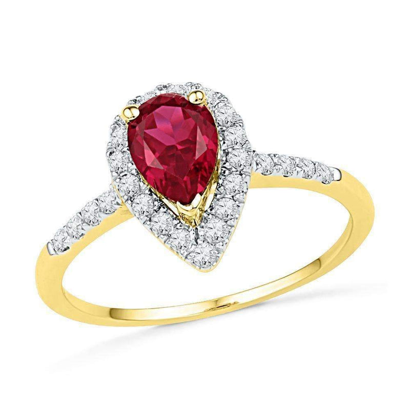 10kt Yellow Gold Women's Pear Lab-Created Ruby Solitaire Diamond Frame Ring 1-1/5 Cttw - FREE Shipping (US/CAN)-Rings And Bands-5-JadeMoghul Inc.