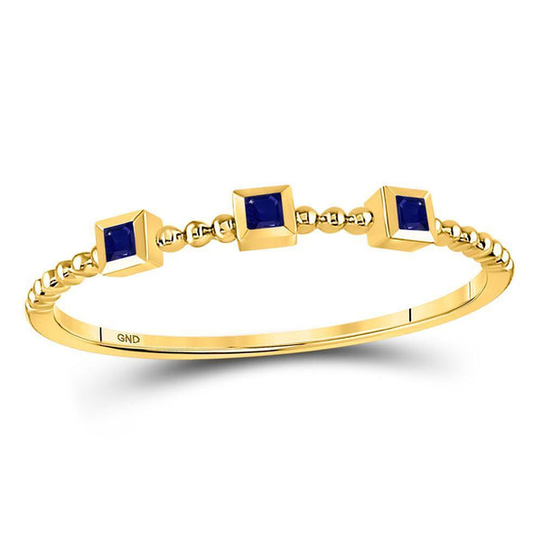 10kt Yellow Gold Women's Princess Blue Sapphire 3-Stone Beaded Stackable Band Ring 1/20 Cttw-Gold & Diamond Rings-JadeMoghul Inc.