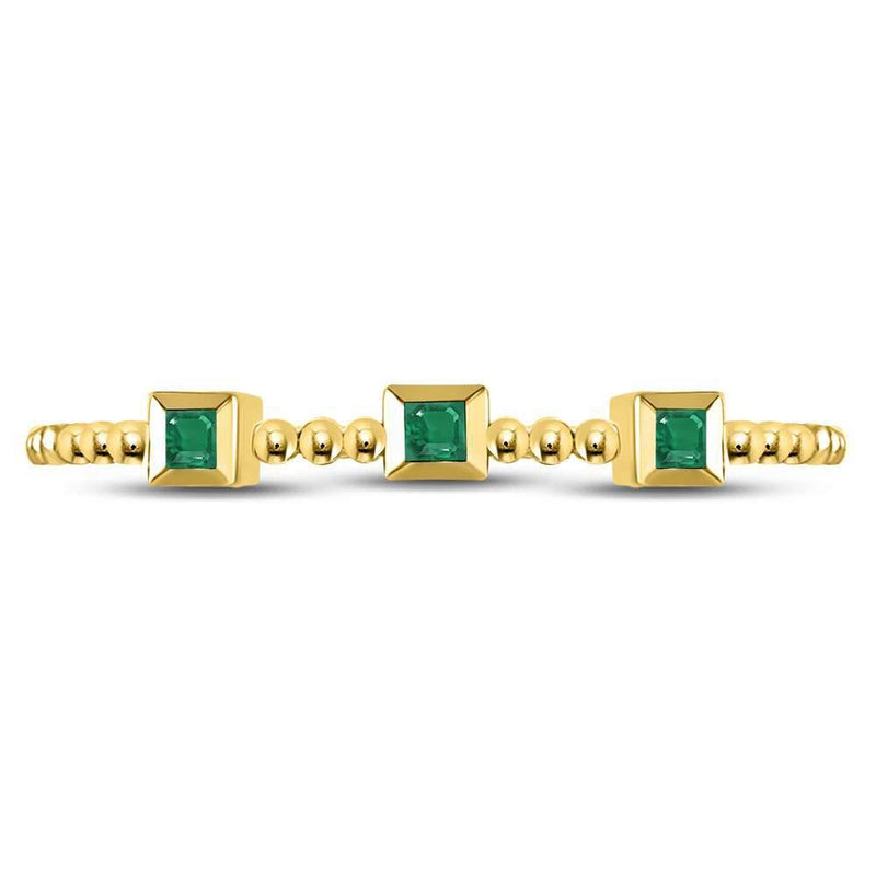 10kt Yellow Gold Women's Princess Emerald Beaded 3-stone Stackable Band Ring .03 Cttw-Gold & Diamond Rings-JadeMoghul Inc.