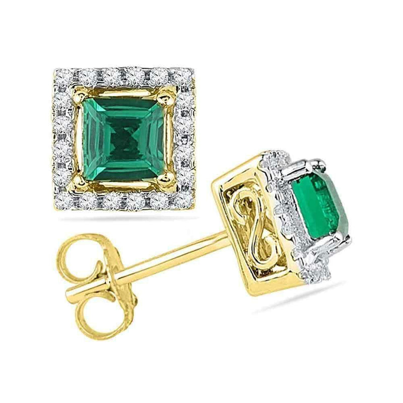 10kt Yellow Gold Women's Princess Lab-Created Emerald Solitaire Diamond Stud Earrings 1-8 Cttw - FREE Shipping (US/CAN)-Gold & Diamond Earrings-JadeMoghul Inc.