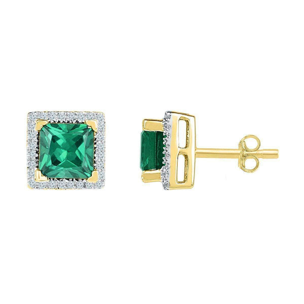10kt Yellow Gold Womens Princess Lab-Created Emerald Solitaire Stud Earrings 1-3-4 Cttw-Gold & Diamond Earrings-JadeMoghul Inc.