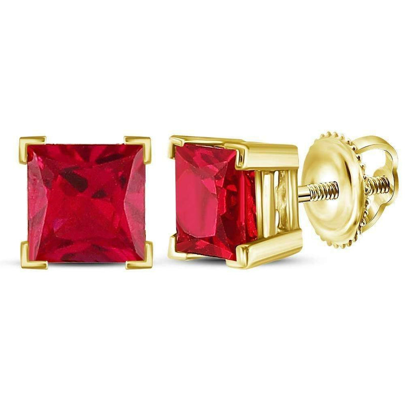 10kt Yellow Gold Women's Princess Lab-Created Ruby Solitaire Earrings 2.00 Cttw - FREE Shipping (US/CAN)-Gold & Diamond Earrings-JadeMoghul Inc.