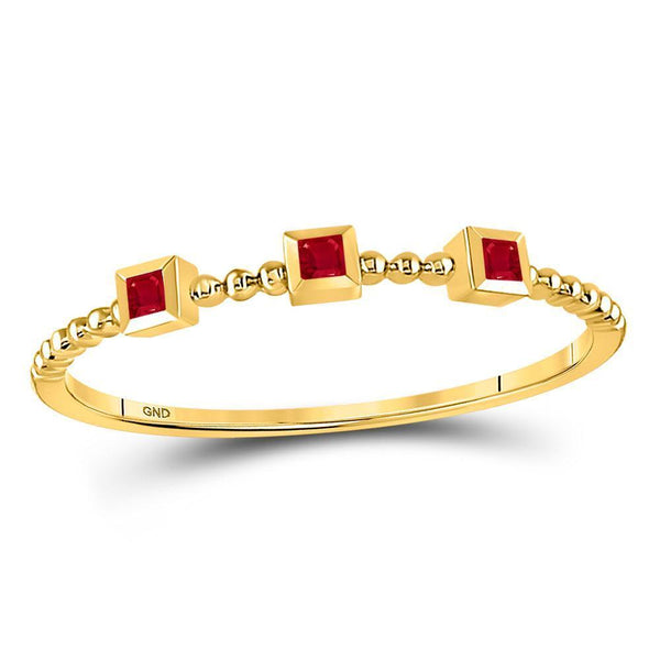 10kt Yellow Gold Women's Princess Ruby 3-Stone Beaded Stackable Band Ring 1/20 Cttw-Gold & Diamond Rings-JadeMoghul Inc.
