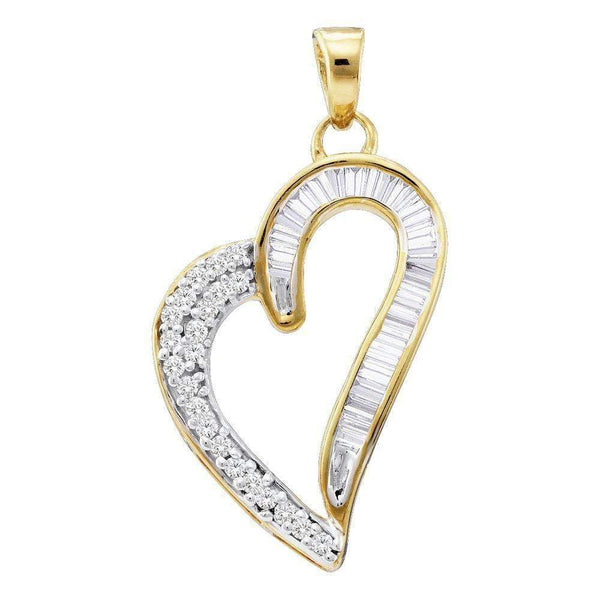 10kt Yellow Gold Women's Round Baguette Diamond Heart Pendant 1-4 Cttw - FREE Shipping (US/CAN)-Gold & Diamond Pendants & Necklaces-JadeMoghul Inc.