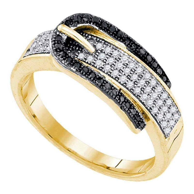 10kt Yellow Gold Women's Round Black Color Enhanced Diamond Belt Buckle Band Ring 1-4 Cttw - FREE Shipping (US/CAN)-Gold & Diamond Bands-JadeMoghul Inc.