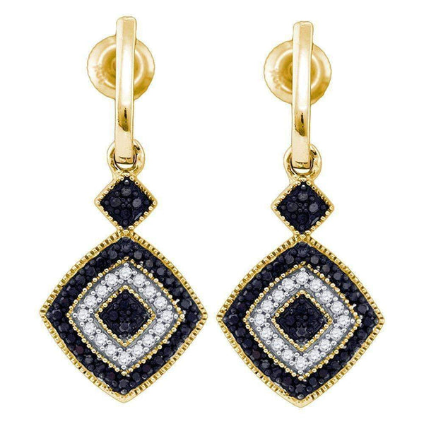 10kt Yellow Gold Women's Round Black Color Enhanced Diamond Concentric Square Dangle Earrings 1-3 Cttw - FREE Shipping (USA/CAN)-Gold & Diamond Earrings-JadeMoghul Inc.