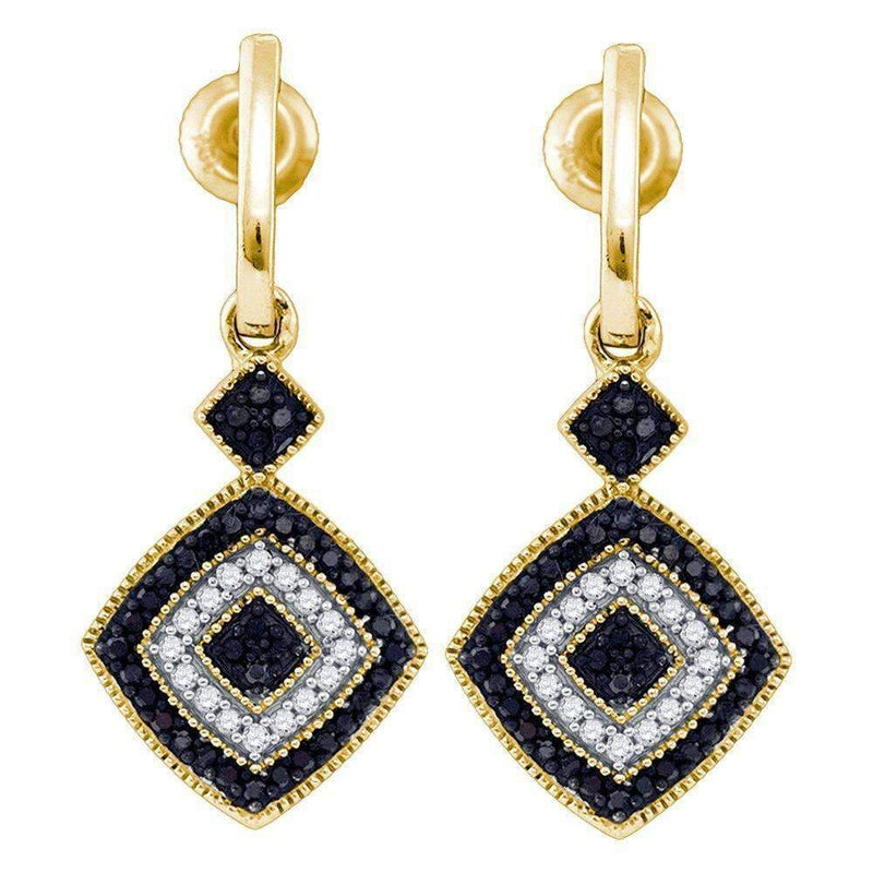 10kt Yellow Gold Women's Round Black Color Enhanced Diamond Concentric Square Dangle Earrings 1-3 Cttw - FREE Shipping (USA/CAN)-Gold & Diamond Earrings-JadeMoghul Inc.