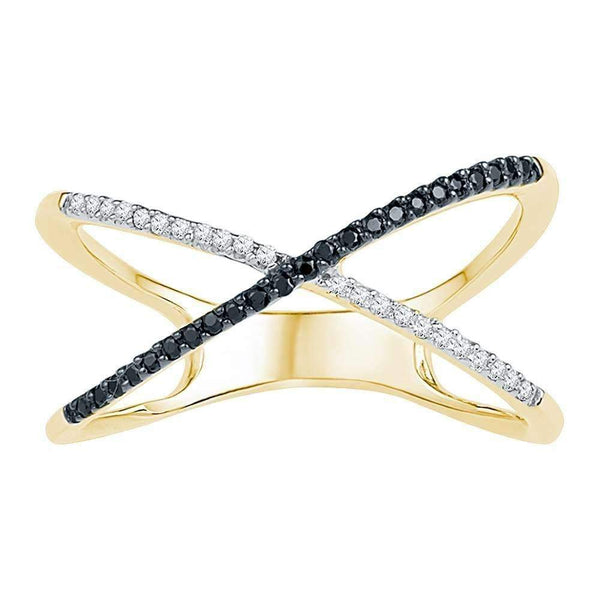 10kt Yellow Gold Women's Round Black Color Enhanced Diamond Crossover Band Ring 1-6 Cttw - FREE Shipping (US/CAN)-Gold & Diamond Bands-JadeMoghul Inc.