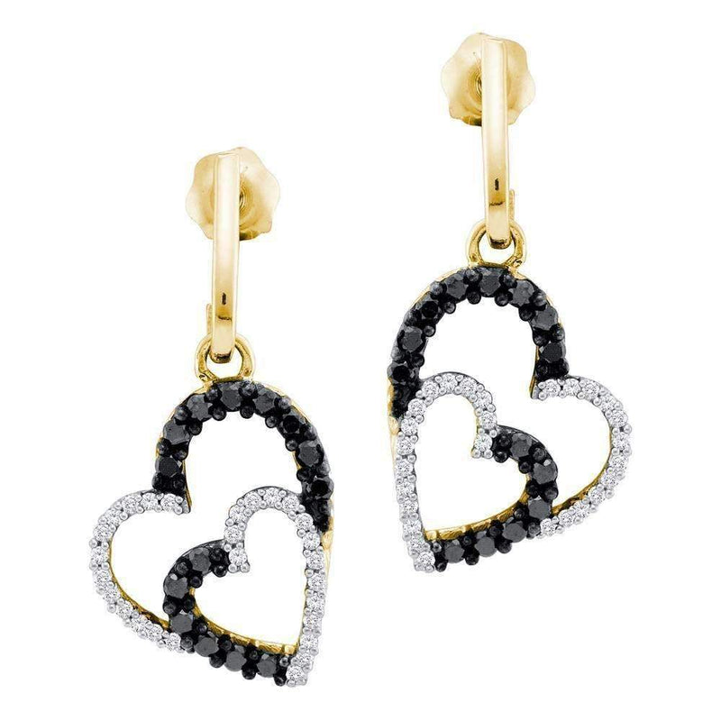 10kt Yellow Gold Women's Round Black Color Enhanced Diamond Double Heart Dangle Screwback Earrings 1-2 Cttw - FREE Shipping (US/CAN)-Gold & Diamond Earrings-JadeMoghul Inc.