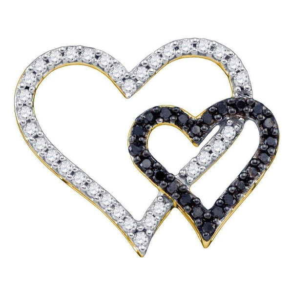 10kt Yellow Gold Women's Round Black Color Enhanced Diamond Double Heart Pendant 1-2 Cttw - FREE Shipping (US/CAN)-Gold & Diamond Pendants & Necklaces-JadeMoghul Inc.